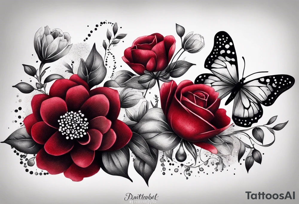 Flowers with "Ruby" in calligraphy font and butterflies around it tattoo idea