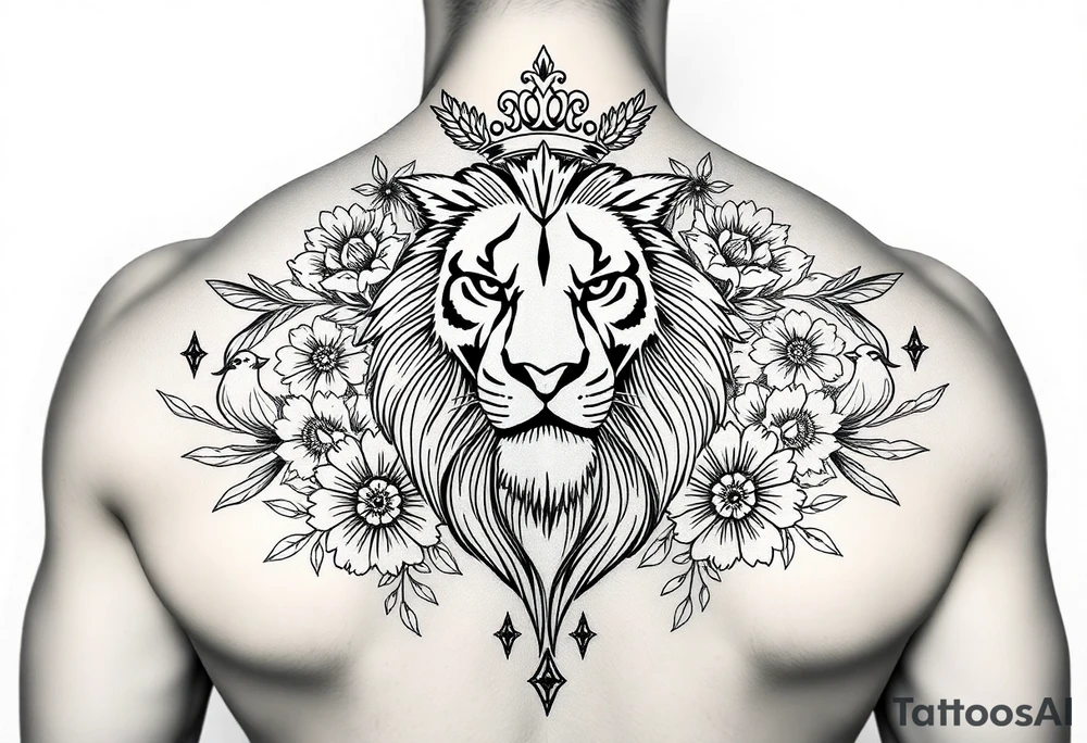 powerful majestic lion with a crown, surrounded by floral ornaments and birds tattoo idea