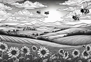 dream like sunflower meadow with distant hills and sunset. two large fuzzy bumble bees occupy the sky with beautiful clouds tattoo idea
