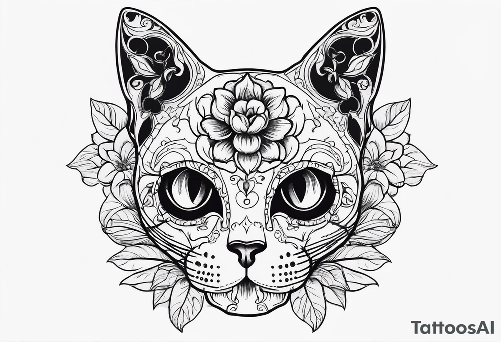 Cat skull with flowers coming out of eye holes tattoo idea