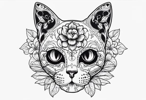 Cat skull with flowers coming out of eye holes tattoo idea