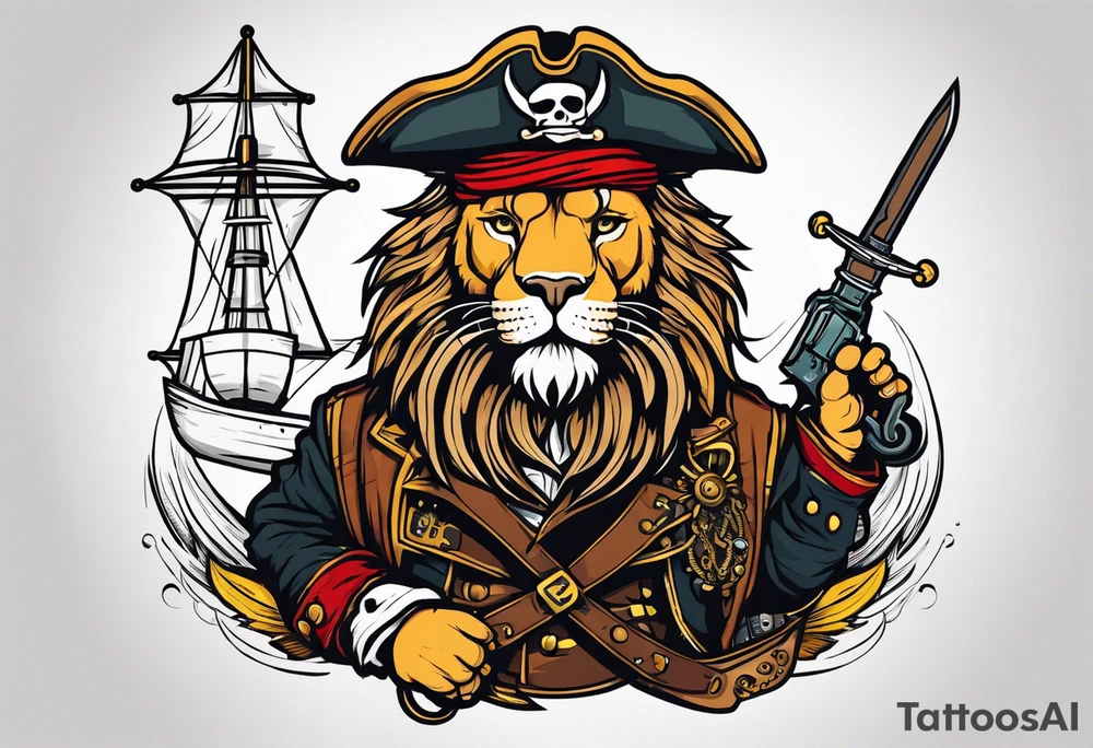 Pirate lion wearing jacket, sword and pistol, nautical steampunk theme. dreadlocks. pirate vessel tattoo idea