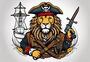 Pirate lion wearing jacket, sword and pistol, nautical steampunk theme. dreadlocks. pirate vessel tattoo idea