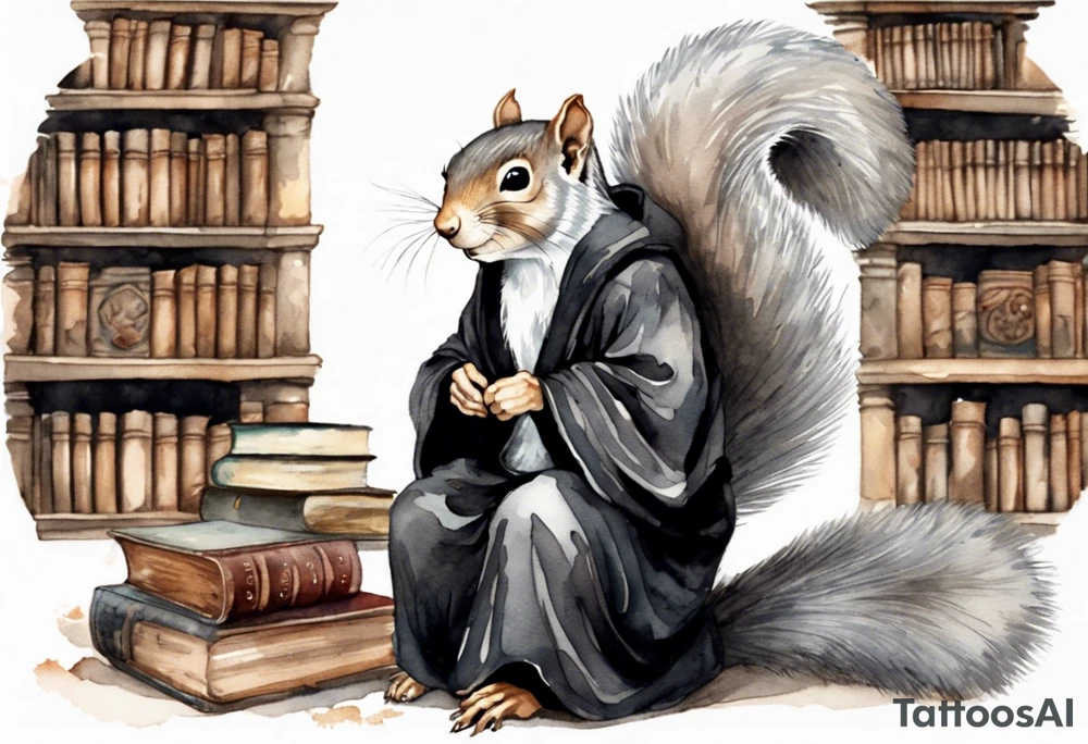 an elderly grey squirrel with a long beard wearing a black robe sitting in an ancient library tattoo idea