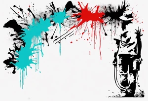 BANKSY ART STYLE,  cyan and red, acquarel, abstract, damage done, Darwin, abstract, tattoo idea