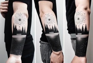 A forearm tattoo about electronic music. Not too minimalistic but not too detailed. Abstract. No speakers. Human face tattoo idea