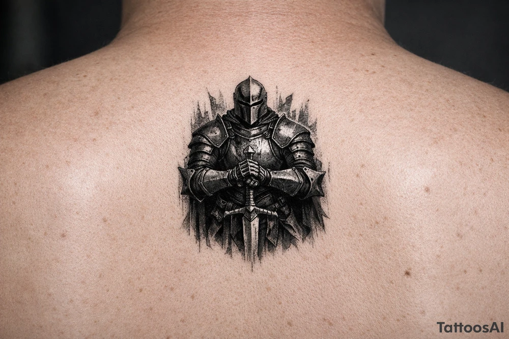 Knight in full plate armor, holding a sword, stoic pose, dark fantasy style tattoo idea