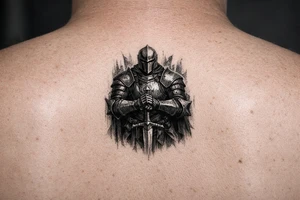 Knight in full plate armor, holding a sword, stoic pose, dark fantasy style tattoo idea
