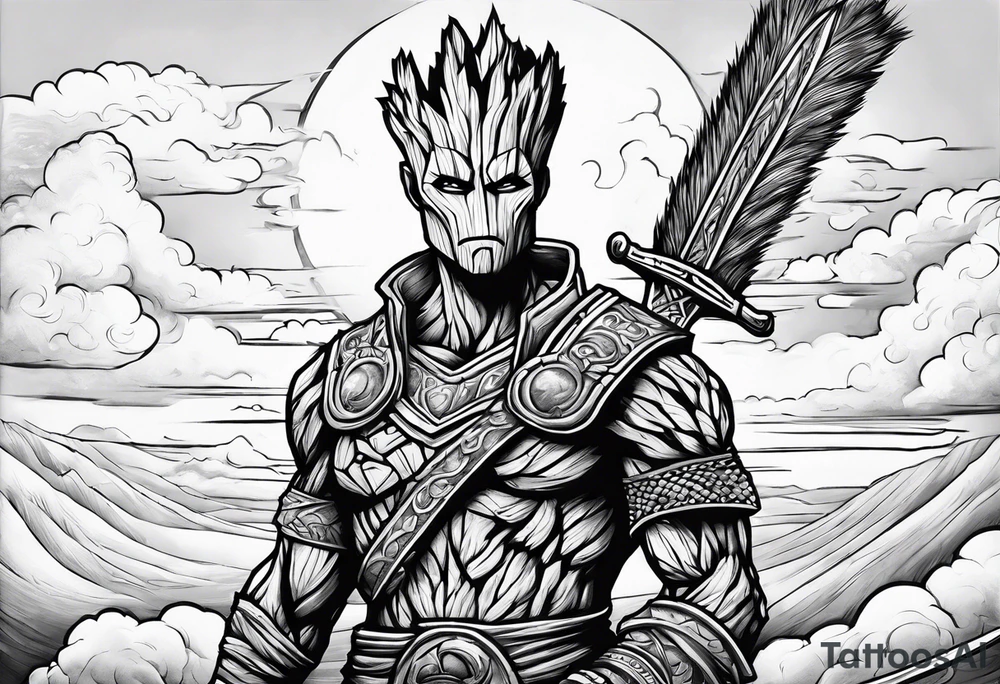 Groot greek warrior with sword, clouds behind tattoo idea