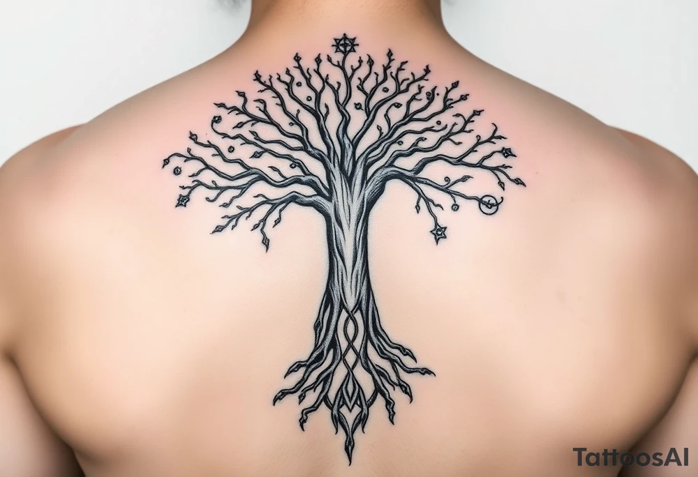 mystical tree of life with cosmic roots and celestial branches with HIV-positive symbol tattoo idea
