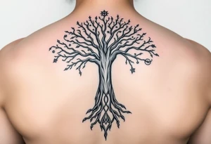 mystical tree of life with cosmic roots and celestial branches with HIV-positive symbol tattoo idea