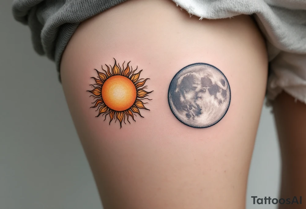 One partner wears a sun in warm orange and gold tones, while the other has a silver moon in pale blues and grays, both facing each other. tattoo idea
