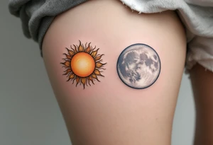 One partner wears a sun in warm orange and gold tones, while the other has a silver moon in pale blues and grays, both facing each other. tattoo idea