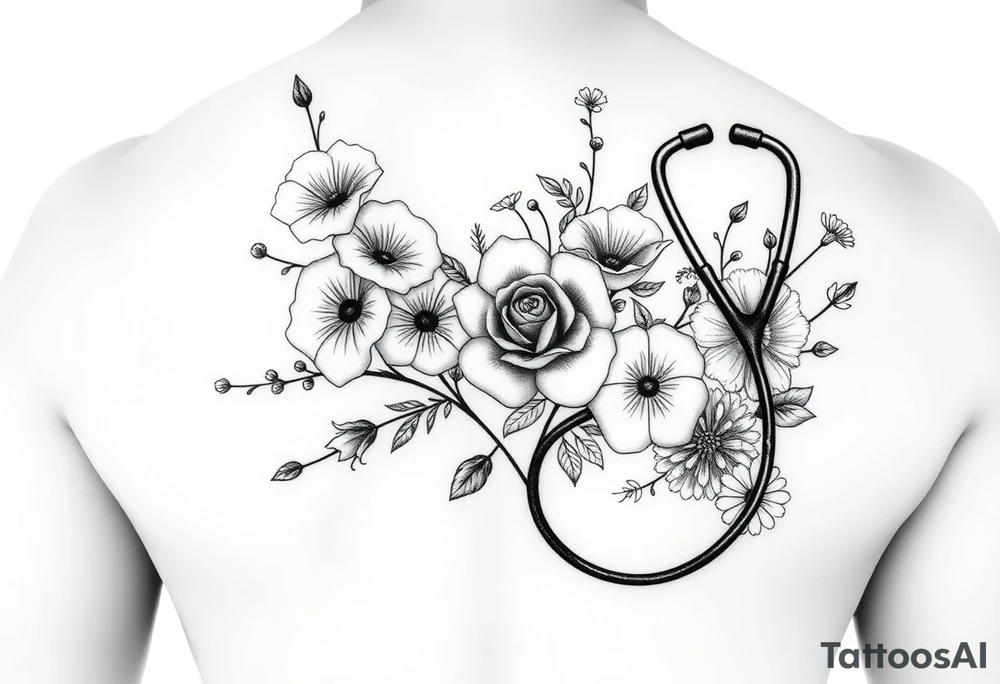 6 inches tall by 4 inches wide approximately, black and white tattoo with a bouquet of hollyhocks, one wild rose, and wild flowers, include a stethoscope along the side with the CNA symbol and the name June Etta , make the stethoscope more noticeable and make the tattoo taller than it is wide tattoo idea