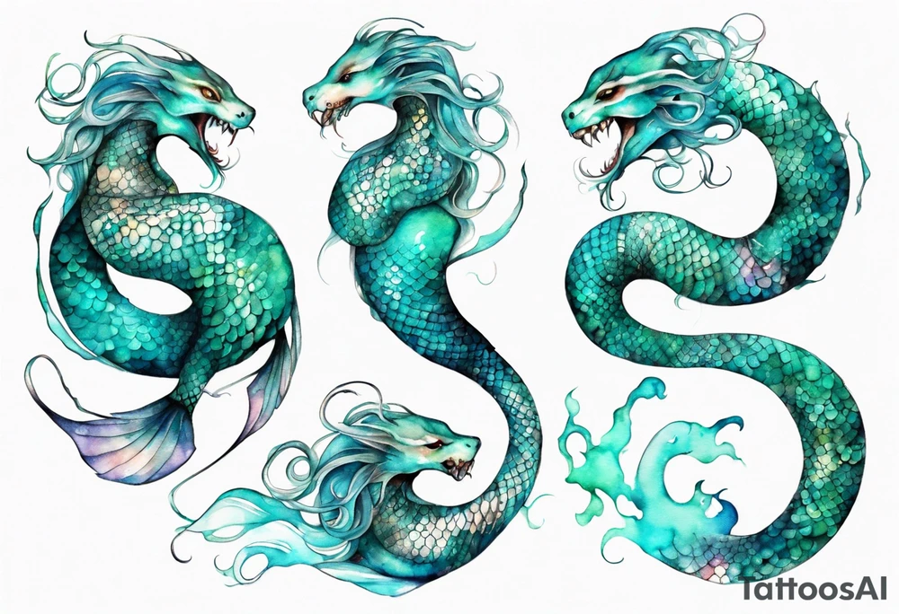 a mermaid serpent hybrid with turquoise scales by the ocean tattoo idea