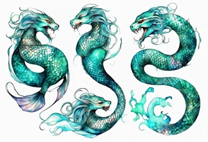 a mermaid serpent hybrid with turquoise scales by the ocean tattoo idea
