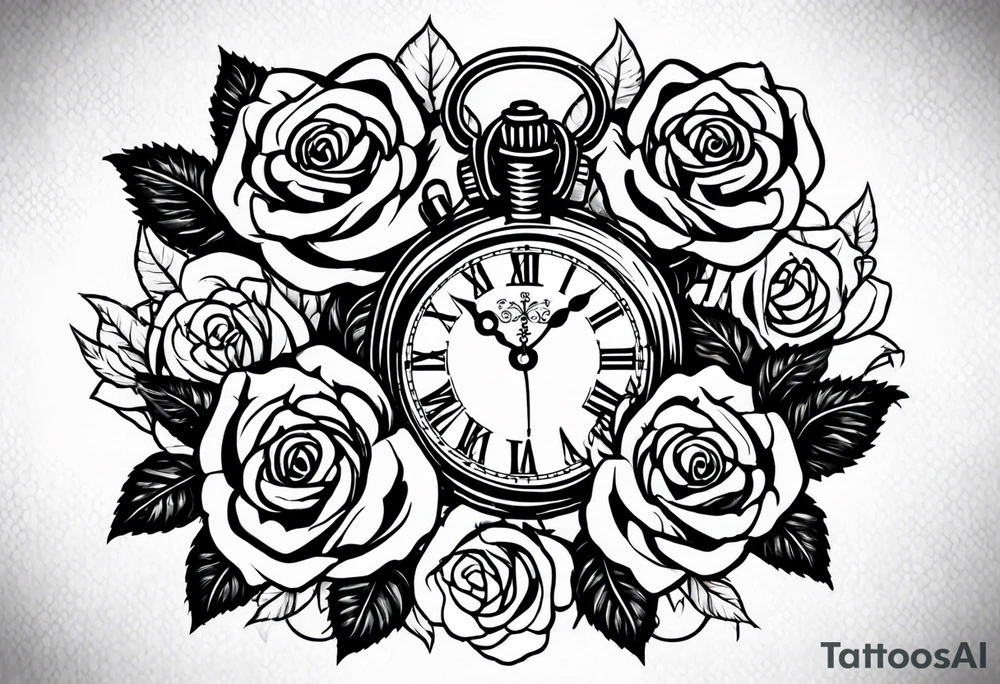 Pocket watch with chain and roses tattoo idea