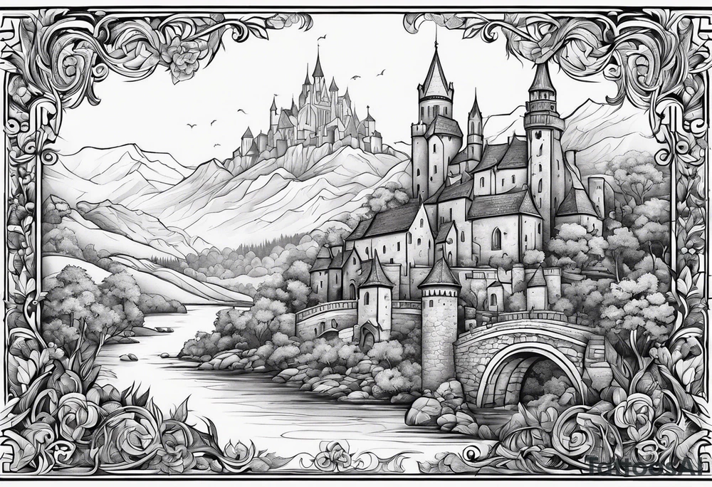 medieval tribal city 
floral  land  vignette tattoo idea