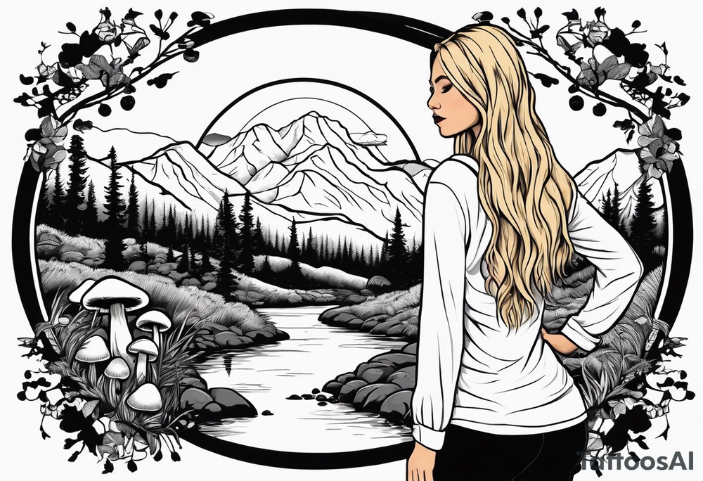 Whole picture encircled fully

Straight long blonde hair hippie girl in distance holding mushrooms in hand facing away toward mountains and creek surrounded by mushrooms long sleeve shirt and hiking pants; whole rendering within a full circle, no cut off circle tattoo idea