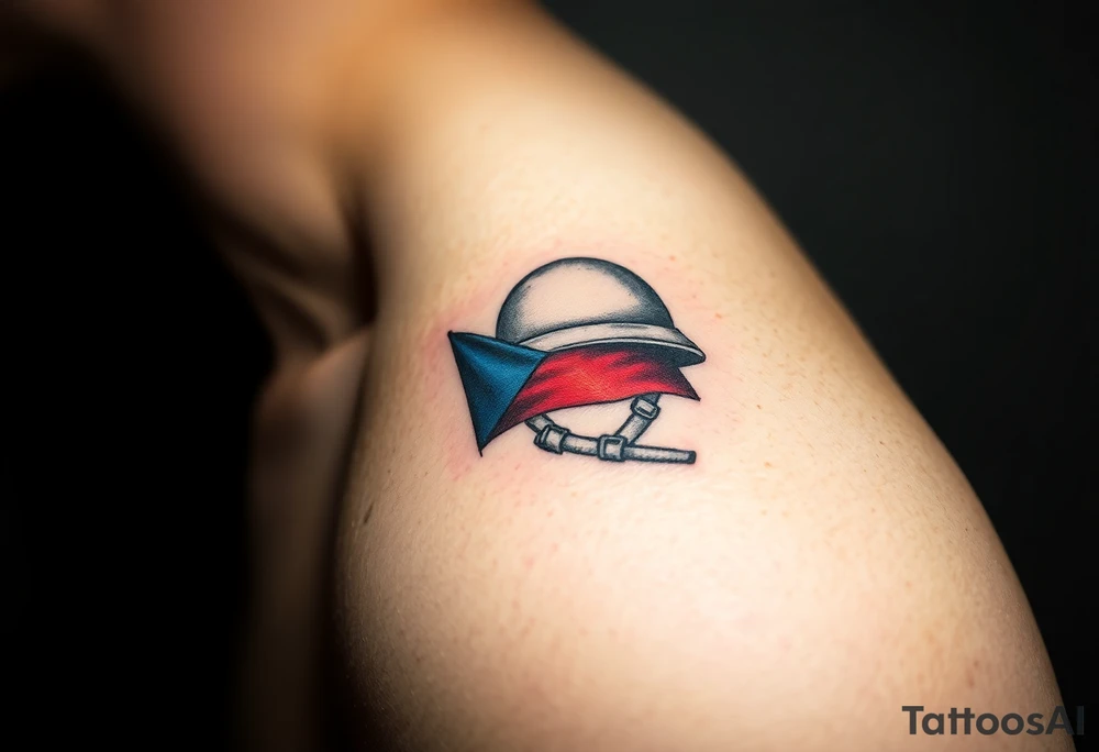 A Czech flag wrapped around a soldier’s helmet, symbolizing honor and national pride tattoo idea