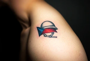 A Czech flag wrapped around a soldier’s helmet, symbolizing honor and national pride tattoo idea