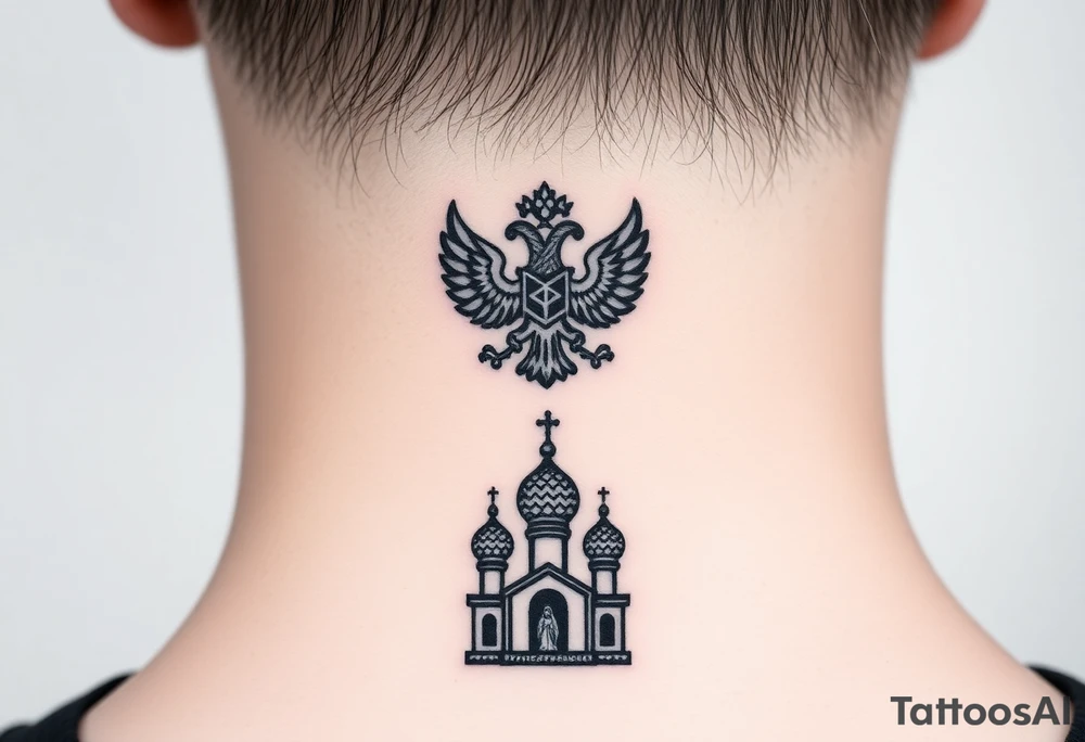 Stacked Vertical Column 

Russian star — small, bold
Middle: Miniature double-headed eagle — simplified, cleaner lines to suit the smaller space
Bottom: Orthodox church dome(s) with a small Virgin Mary silhouette beneath tattoo idea