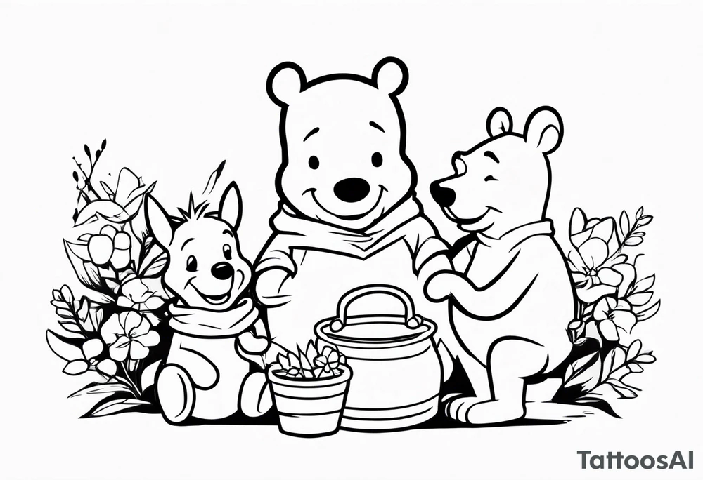 Winnie the Pooh with Piglet and Tigger and Hunny Pot tattoo idea