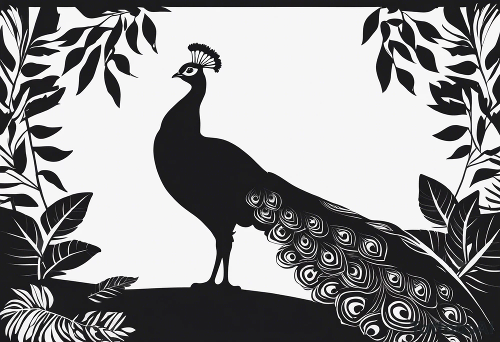 Black and white silhouette illustration of a peafowl standing proudly with its tail fanned out. The silhouette of the bird’s feathers is detailed, showcasing its majestic tail in full display. The background features simplified, flowing shapes representing lush foliage and a serene sky, emphasizing the elegance of the bird's posture. The overall design highlights the bird’s grace and the peaceful atmosphere of the setting, using bold contrasts and clean lines to capture the essence of its iridescent beauty in silhouette form. tattoo idea