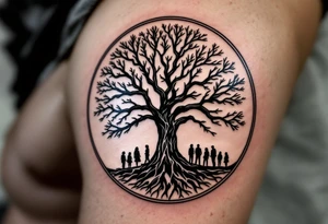 Tree inside a circular frame, seasons shown on each side (spring, summer, fall, winter) to represent generations. Names "Gabi (Spring)", "Leonard (Summer)", "Maty (Fall)", "Renata (Winter)." tattoo idea