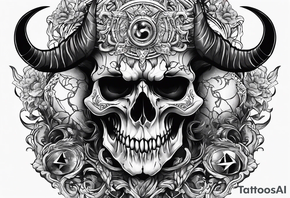 Devil skull  with hollow eyes and  horns holding the earth tattoo idea