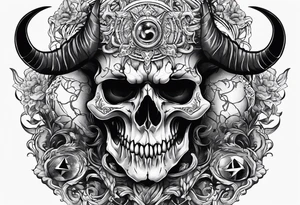 Devil skull  with hollow eyes and  horns holding the earth tattoo idea