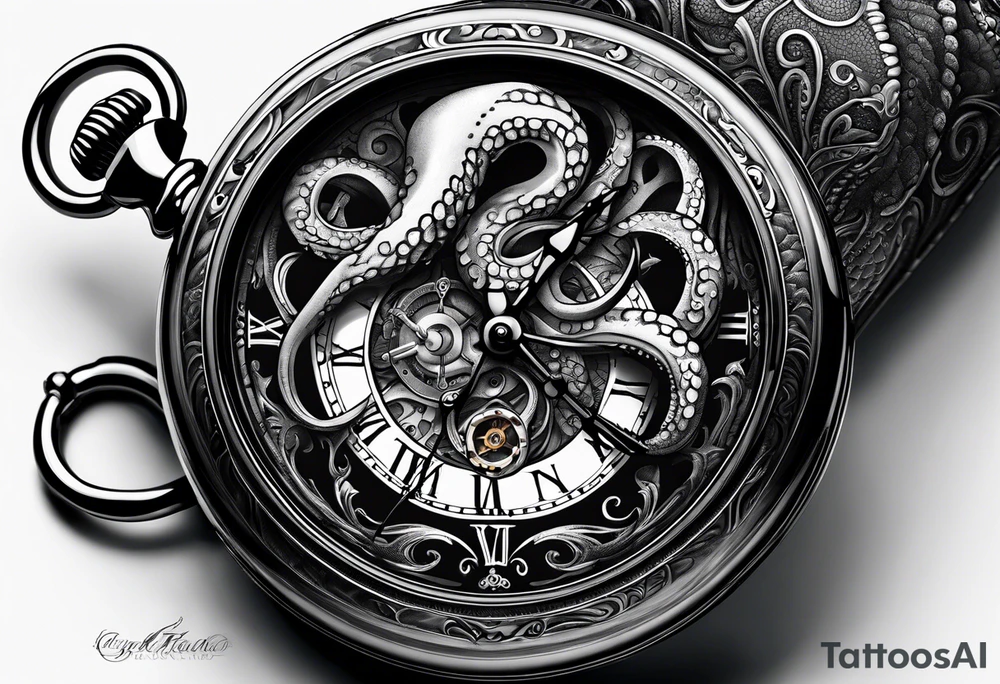 pocket watch wrapped under an aggressive octopus, side perspective tattoo idea