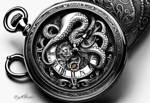 pocket watch wrapped under an aggressive octopus, side perspective tattoo idea