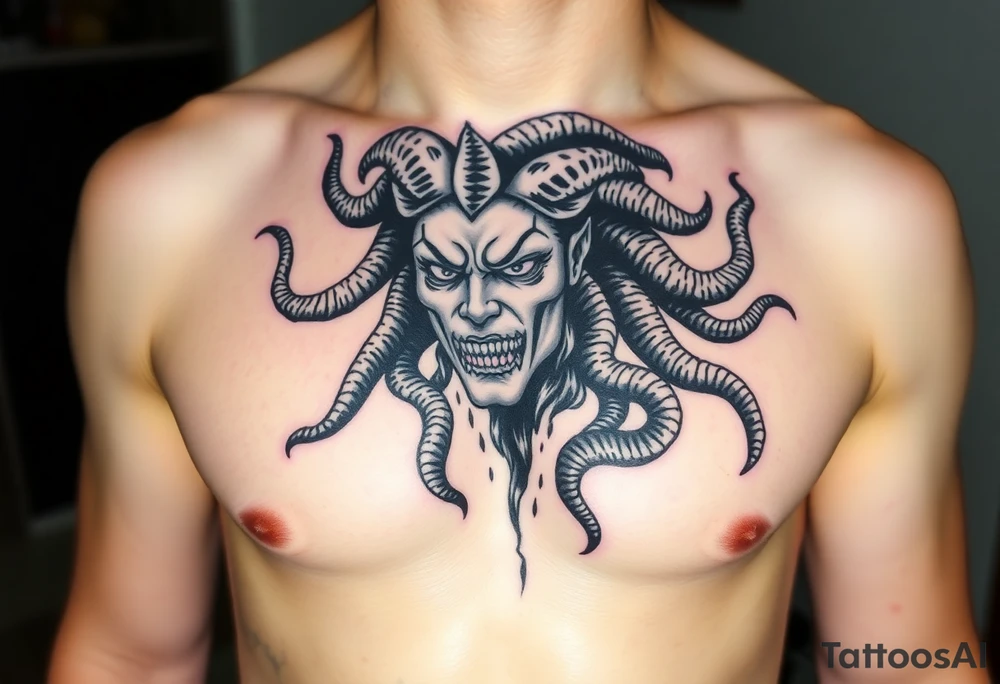 3. Medusa en fragmentos / Mirada mortal
Una Medusa moderna, no con rostro de horror, sino con una expresión de poder y resignación.

Su cabeza hecha de serpientes negras en movimiento (podrían extenderse hacia el hombro).

Parte del rostro desintegrándose como piedra. tattoo idea
