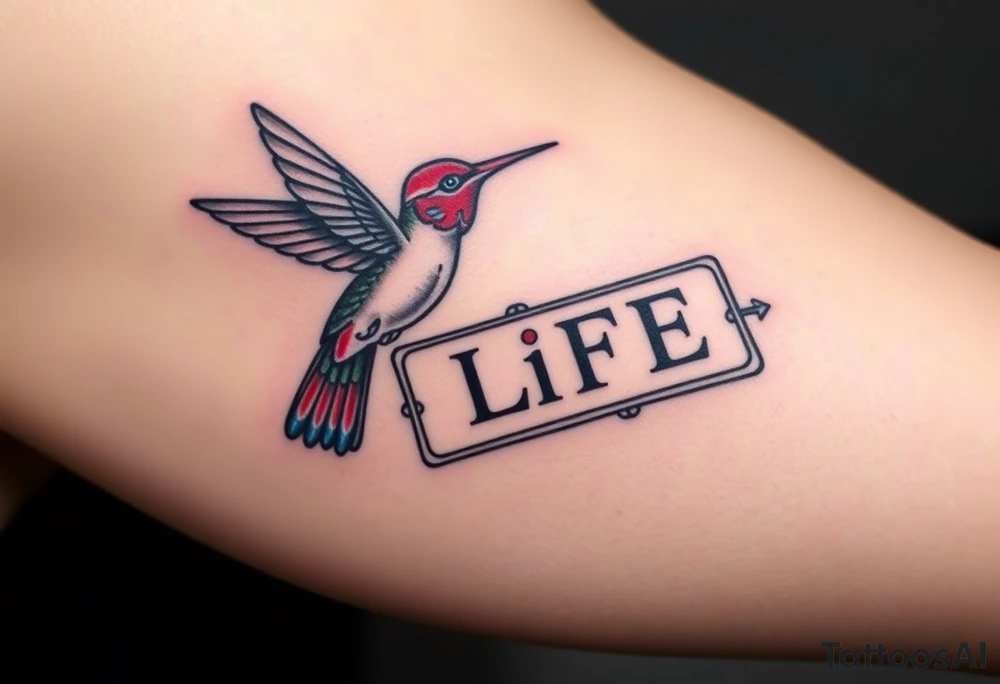 A hummingbird flying through a cartouche (Egyptian nameplate) that spells out a meaningful word like “Life” or “Strength.”(only red , blue and black are possible colors) tattoo idea