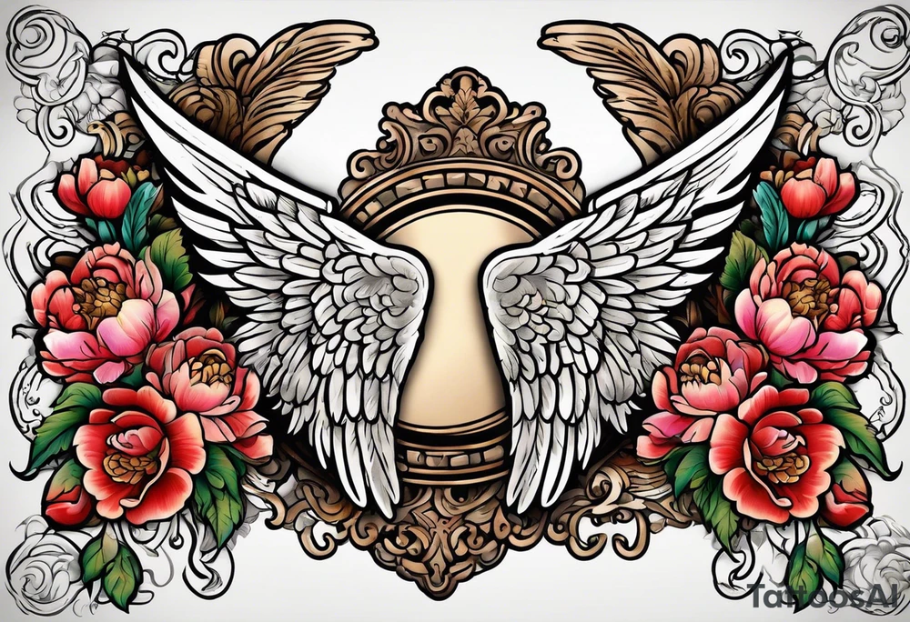 beautiful angel wings with colorful, peonies. beautiful flilligree in the background , full color, traditional old school tattoo idea
