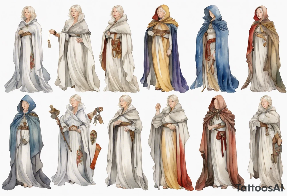 medieval Helen Mirren dressed in white cloak tattoo idea