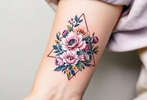 A triangle tattoo filled with flowers in pastel tones, blending geometry and femininity. tattoo idea