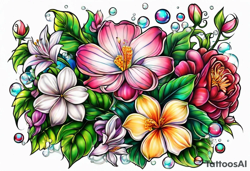 Bubbles organic plants and flowers tattoo idea