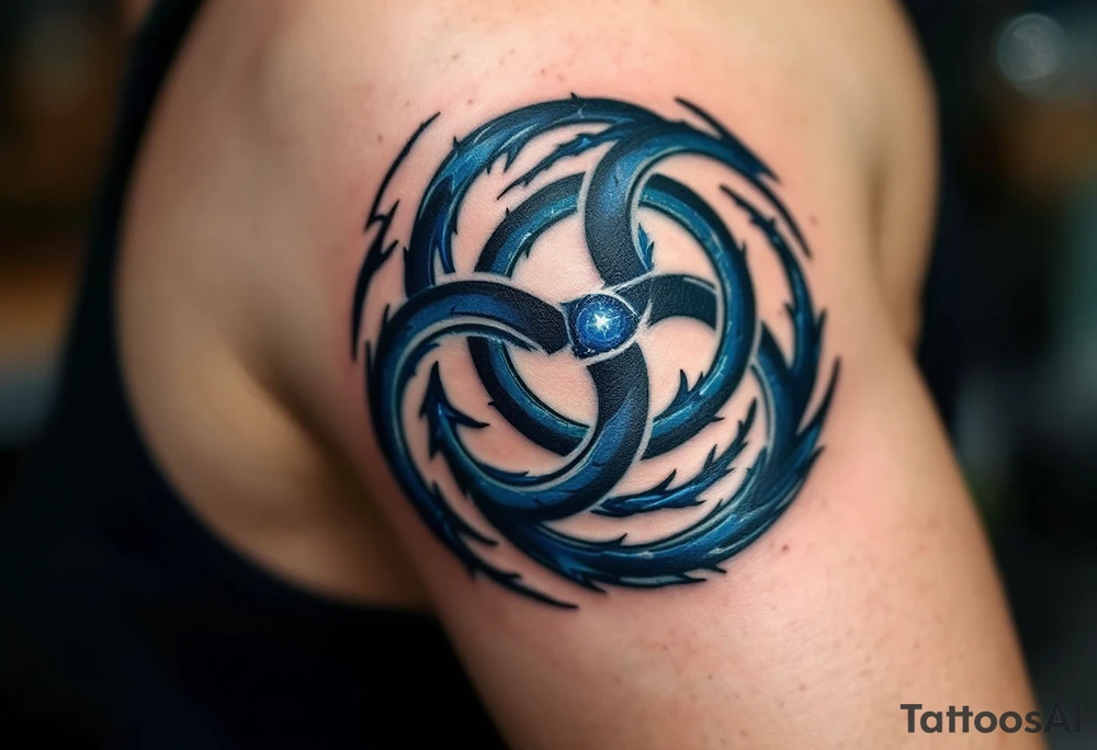 A swirling three triskelion spirals, hypnotic design in black and deep indigo, creating a sense of movement and energy, resembling a cosmic portal. tattoo idea