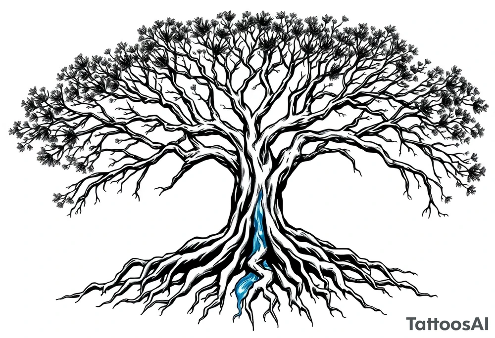 Black and white Tree with roots. Blue water inside the whole tree like many thin veins, flows from the brunches to the roots tattoo idea