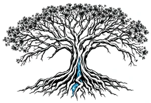 Black and white Tree with roots. Blue water inside the whole tree like many thin veins, flows from the brunches to the roots tattoo idea
