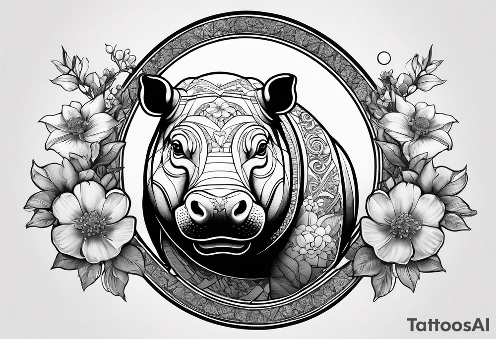 A symbolic hippo head with a detailed realistic full moon on upper right corner and wintersweet flower on lower left corner, looking like a totem tattoo idea