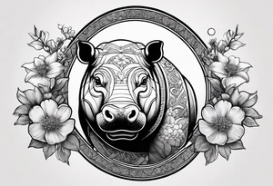 A symbolic hippo head with a detailed realistic full moon on upper right corner and wintersweet flower on lower left corner, looking like a totem tattoo idea