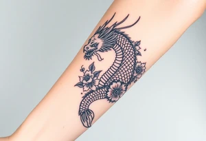 A mythical dragon with a Koi fish and Oma with flowers around it Japanese style on forearm tattoo idea