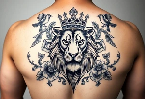 powerful majestic lion with a crown, surrounded by floral ornaments and birds tattoo idea
