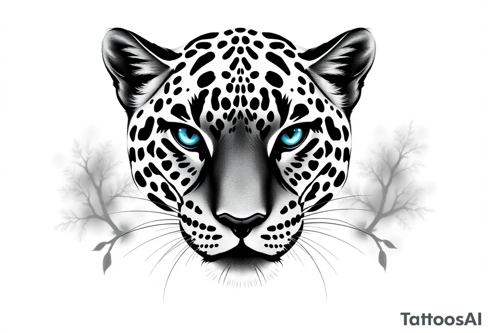 The jaguar should look strong, elegant, and slightly mysterious.

I want it to have striking, deep blue eyes – that’s an important feature.

Style: I’m open to realism or slightly stylized, but it should still look powerful and beautiful.

The expression should show confidence or calm focus – not aggressive, but alert and intelligent.

Background: Can be minimal or with subtle nature elements (like mist, forest shadows, or moonlight) – nothing too busy.

I’d like the overall composition to feel balanced and meaningful, something that represents inner strength and independence. I want it to look more realistic tattoo idea