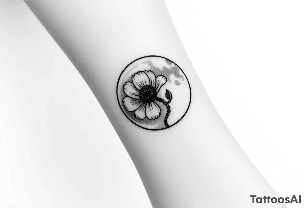 Small black and white tattoo full moon with small chrysanthemum and tiny scorpio gliph inside moon tattoo idea