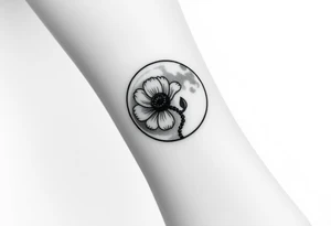 Small black and white tattoo full moon with small chrysanthemum and tiny scorpio gliph inside moon tattoo idea