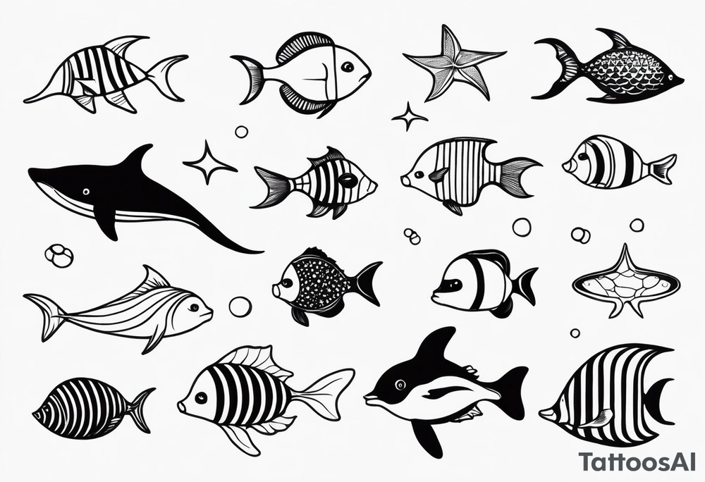 Small sea creatures in a line tattoo idea